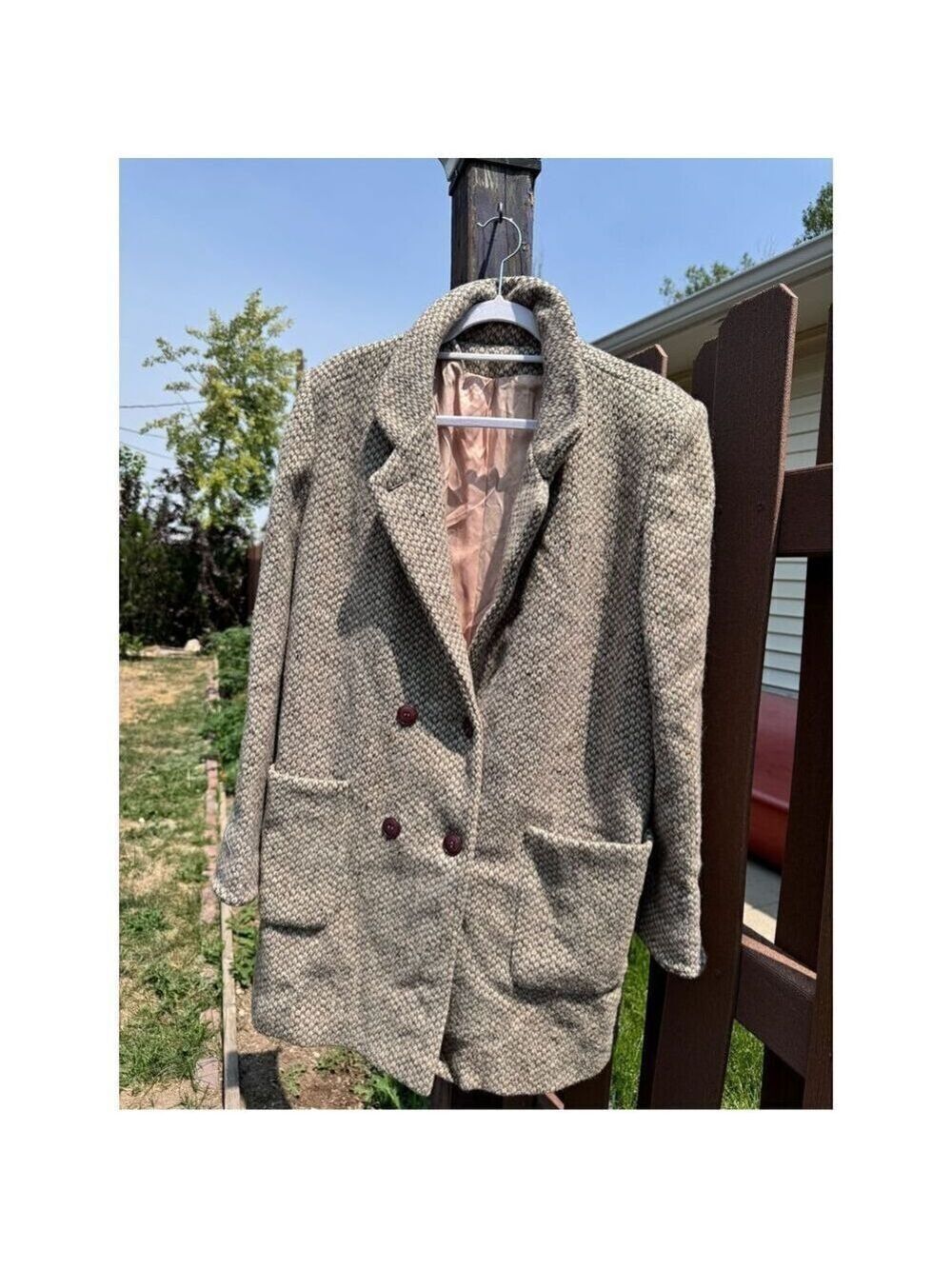 Vintage Coat 100 pure wool Houndstooth size description pink satin lining